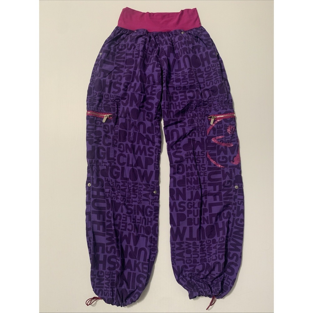 Authentic Zumba Womens M Purple Pink Shout Out Cargo Pants Dance Fitness Workout